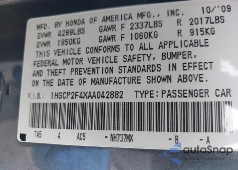 2010 Honda Accord 2.4 Lx-P z USA, uszkodzony, nr VIN 1HGCP2F4XAA042882